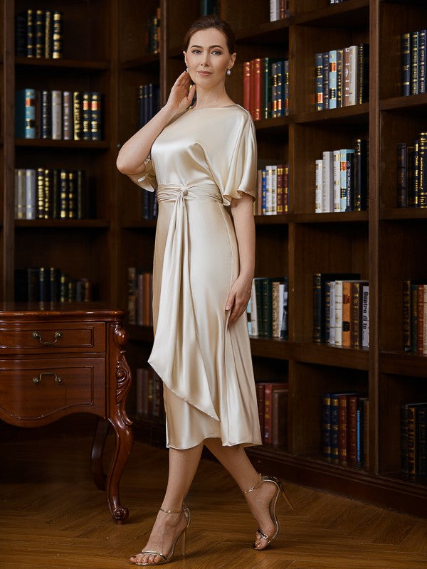 Rayna Sheath/Column Elastic Woven Satin Ruched Scoop Short Sleeves Tea-Length Mother of the Bride Dresses PP6P0020242