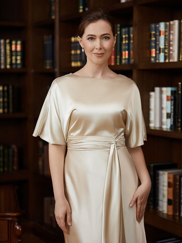 Rayna Sheath/Column Elastic Woven Satin Ruched Scoop Short Sleeves Tea-Length Mother of the Bride Dresses PP6P0020242