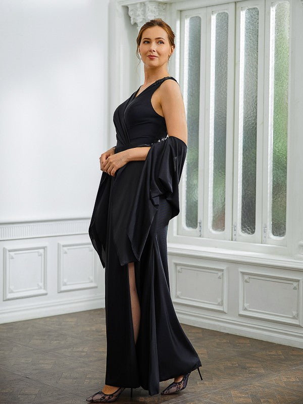 Samantha Sheath/Column Jersey Ruched V-neck Sleeveless Floor-Length Mother of the Bride Dresses PP6P0020246