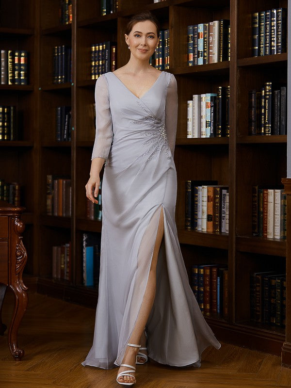 Brisa Sheath/Column 30D Chiffon Beading V-neck 3/4 Sleeves Floor-Length Mother of the Bride Dresses PP6P0020247