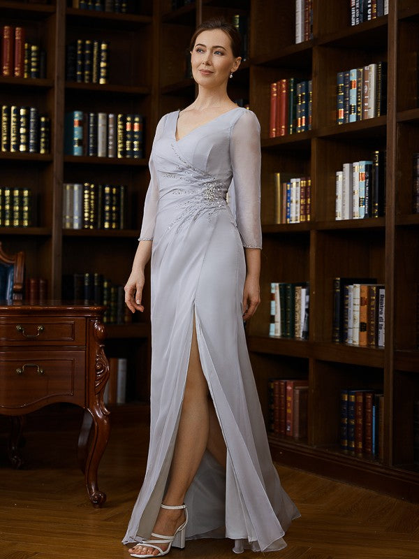 Brisa Sheath/Column 30D Chiffon Beading V-neck 3/4 Sleeves Floor-Length Mother of the Bride Dresses PP6P0020247