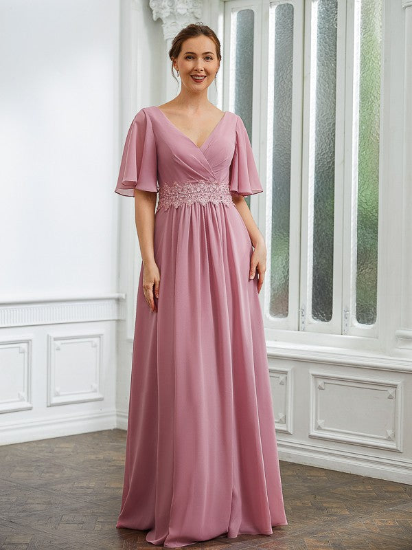 Sibyl A-Line/Princess Chiffon Ruched V-neck 1/2 Sleeves Floor-Length Mother of the Bride Dresses PP6P0020248