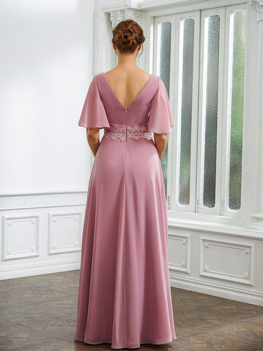 Sibyl A-Line/Princess Chiffon Ruched V-neck 1/2 Sleeves Floor-Length Mother of the Bride Dresses PP6P0020248