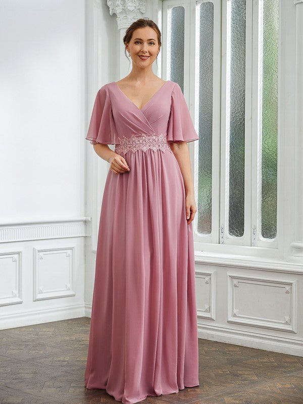 Sibyl A-Line/Princess Chiffon Ruched V-neck 1/2 Sleeves Floor-Length Mother of the Bride Dresses PP6P0020248