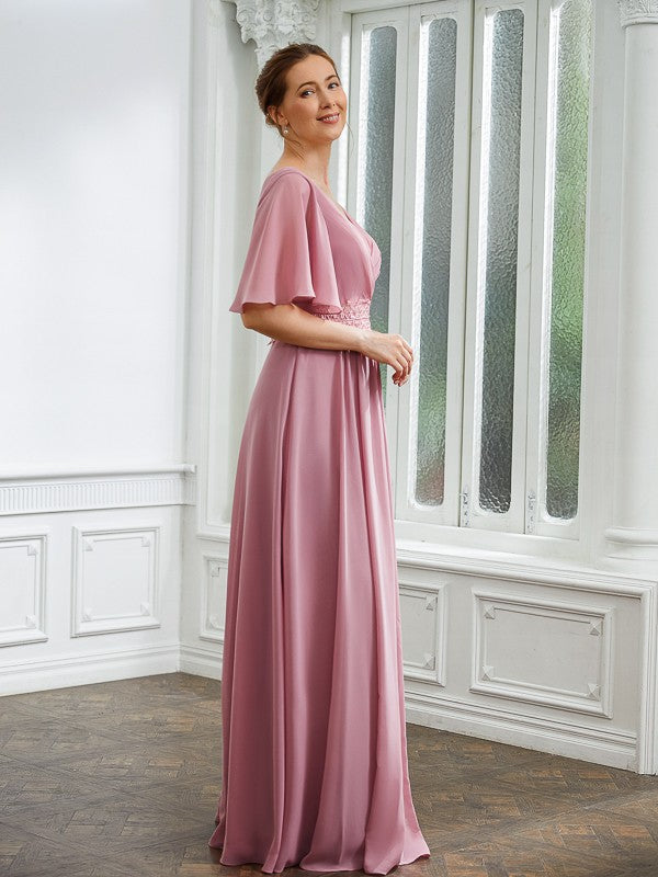 Sibyl A-Line/Princess Chiffon Ruched V-neck 1/2 Sleeves Floor-Length Mother of the Bride Dresses PP6P0020248