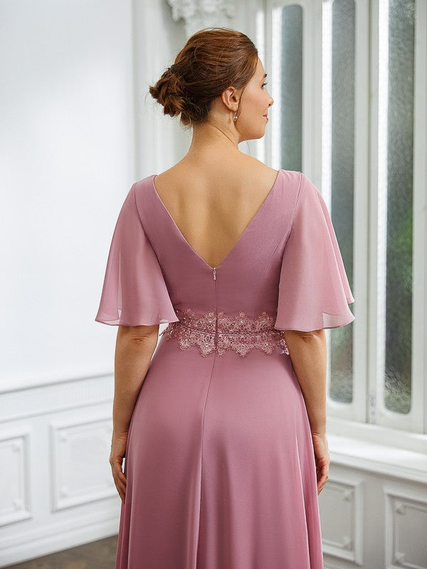 Sibyl A-Line/Princess Chiffon Ruched V-neck 1/2 Sleeves Floor-Length Mother of the Bride Dresses PP6P0020248