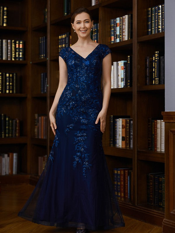 Brenda Sheath/Column Tulle Applique V-neck Short Sleeves Floor-Length Mother of the Bride Dresses PP6P0020241