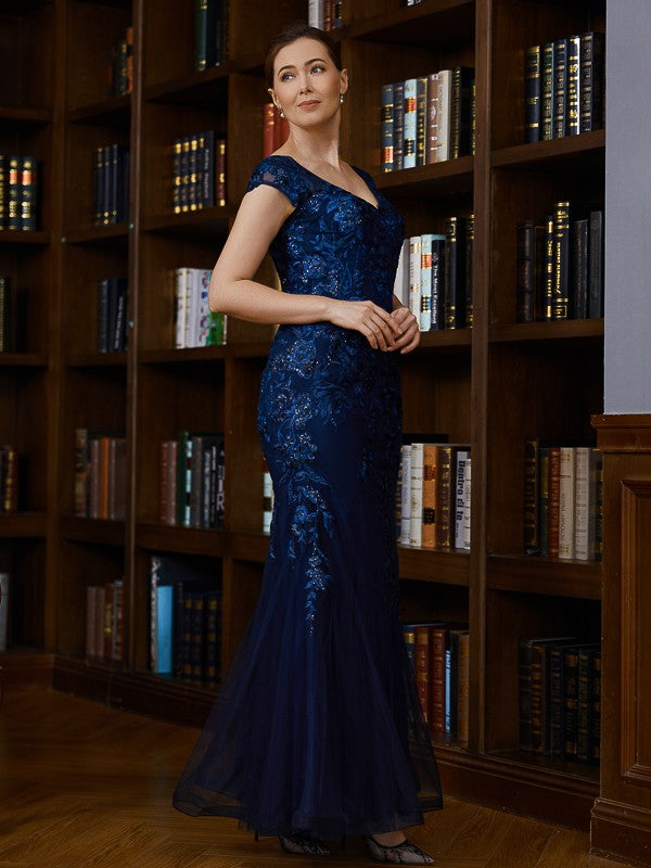 Brenda Sheath/Column Tulle Applique V-neck Short Sleeves Floor-Length Mother of the Bride Dresses PP6P0020241