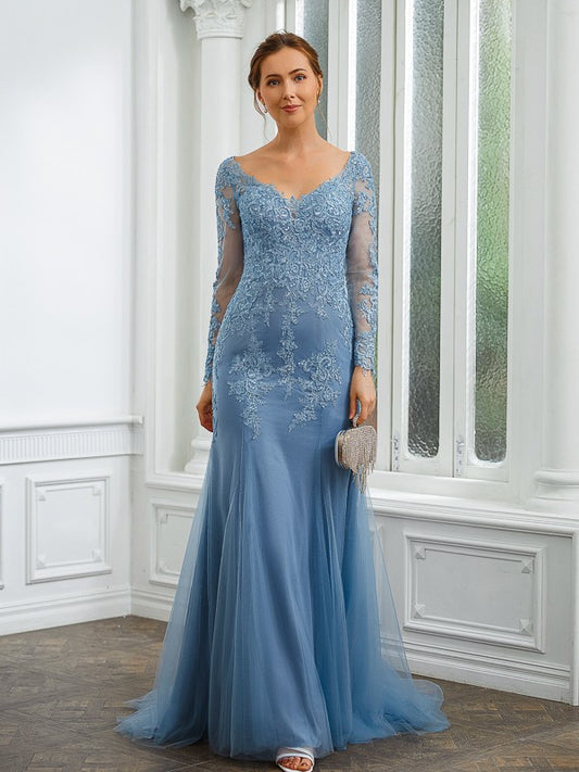 Rayna Sheath/Column Tulle Applique V-neck Long Sleeves Sweep/Brush Train Mother of the Bride Dresses PP6P0020244