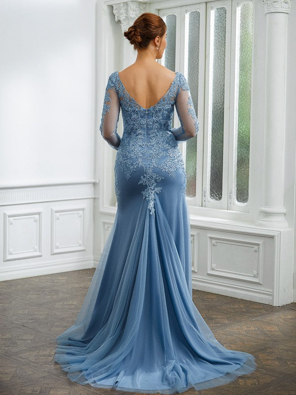 Rayna Sheath/Column Tulle Applique V-neck Long Sleeves Sweep/Brush Train Mother of the Bride Dresses PP6P0020244