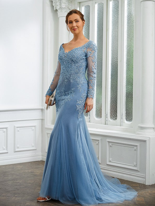 Rayna Sheath/Column Tulle Applique V-neck Long Sleeves Sweep/Brush Train Mother of the Bride Dresses PP6P0020244