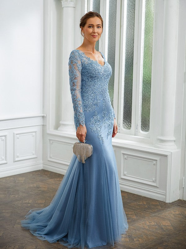 Rayna Sheath/Column Tulle Applique V-neck Long Sleeves Sweep/Brush Train Mother of the Bride Dresses PP6P0020244