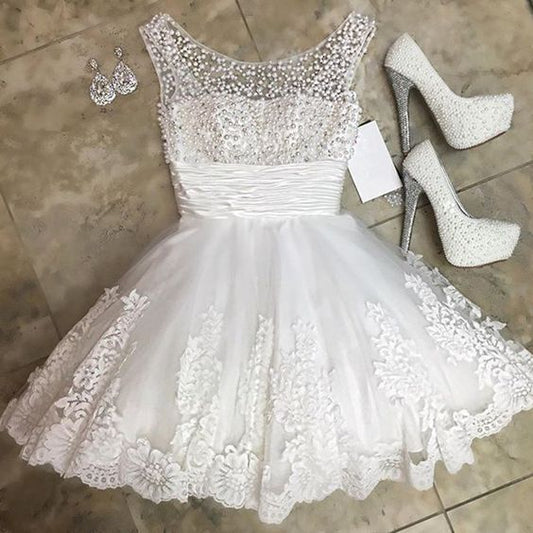 Princess/A-Line Crew Lace Sally Homecoming Dresses Neck Short White Dresses With Beading Prom