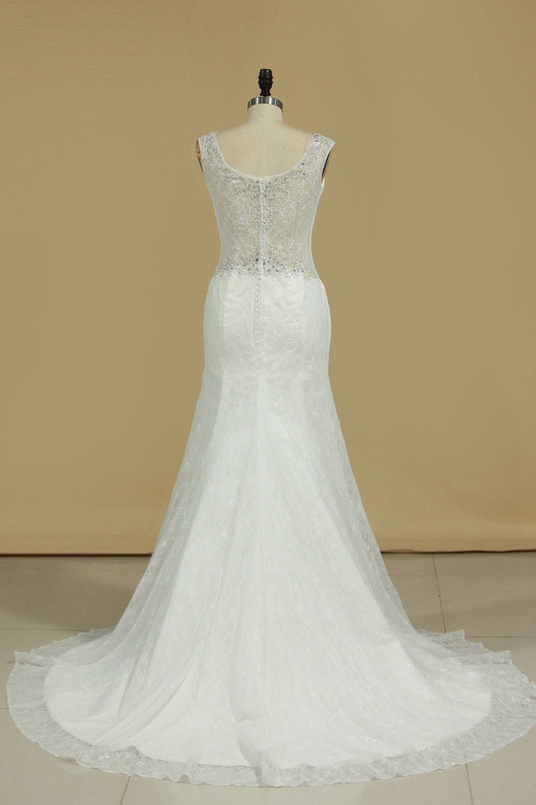 2024 Lace Wedding Dresses Mermaid V Neck With Beading Sweep Train