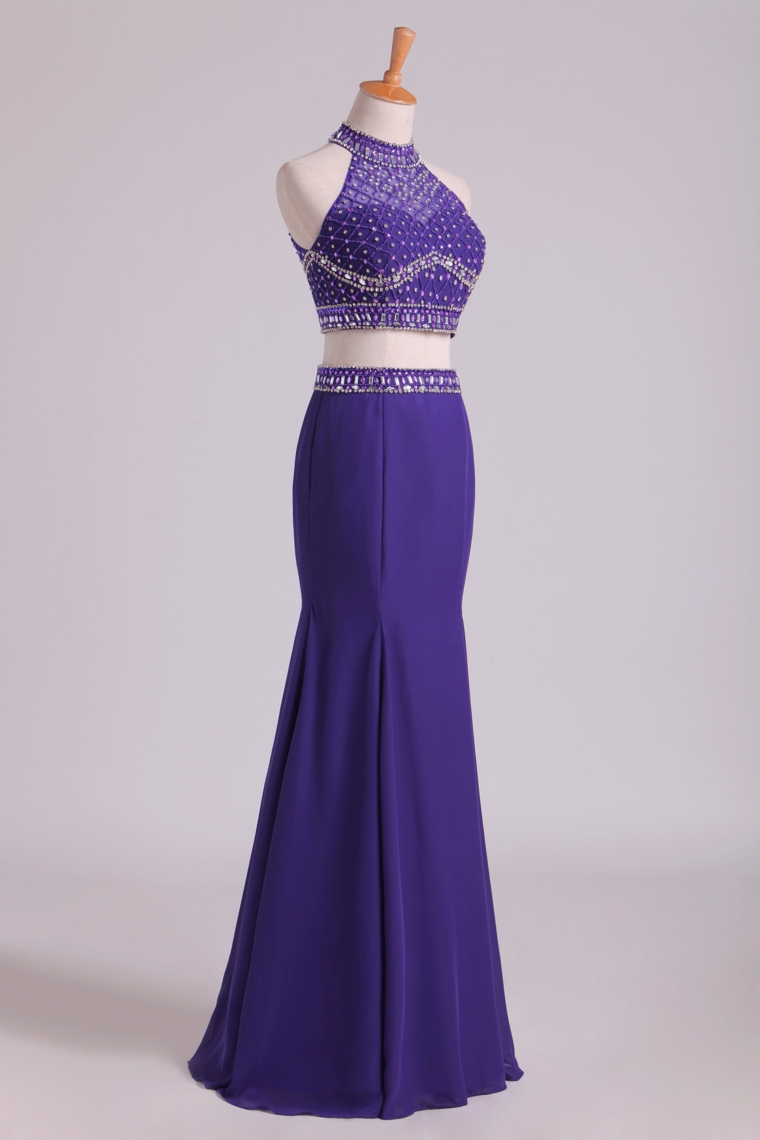 2024 Prom Dresses Halter Two-Piece Beaded Bodice Mermaid Open Back Spandex & Tulle Floor Length