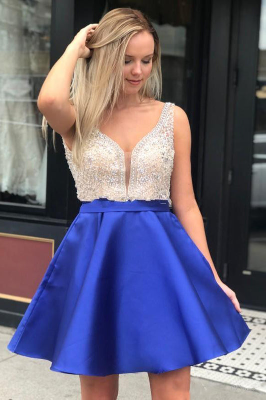 A-Line Beading Bodice Short Prom Dresseses Homecoming Dresses With Pockets