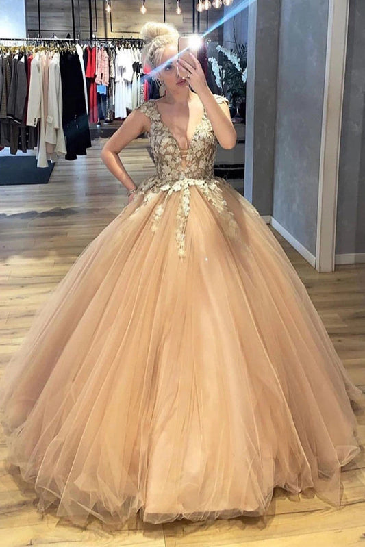 A-line V-neck Ball Gown Appliques Long Prom Dresses Quinceanera Dresses