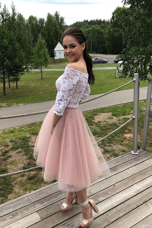 3/4 Sleeves Lace Off-Shoulder Short Prom Dresses Two Piece Hoco Dresses