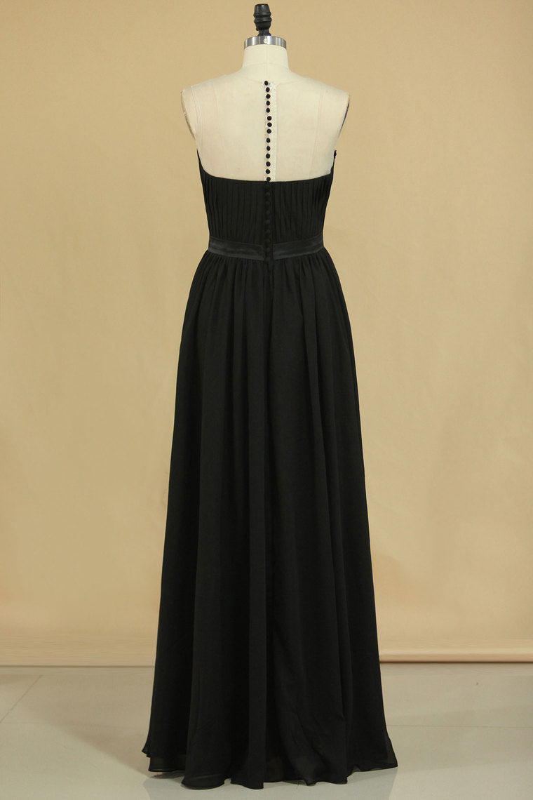 2024 Black Scoop A Line Evening Dresses Chiffon With Sash & Applique