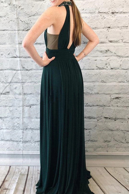 Halter Dark Green Chiffon Long Prom Dresses With Beading, Split Keyhole Formal Evening Dresses