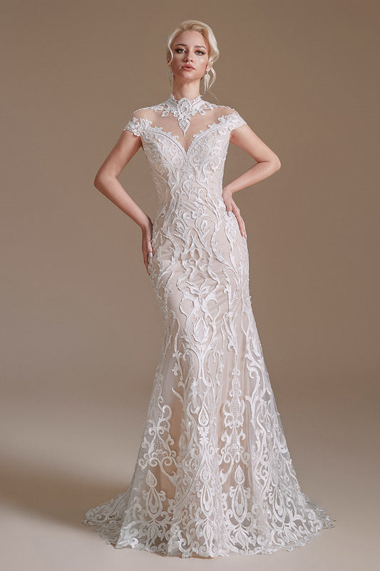 Elegant Cap Sleeves Lace Mermaid Long Beach Wedding Dresses