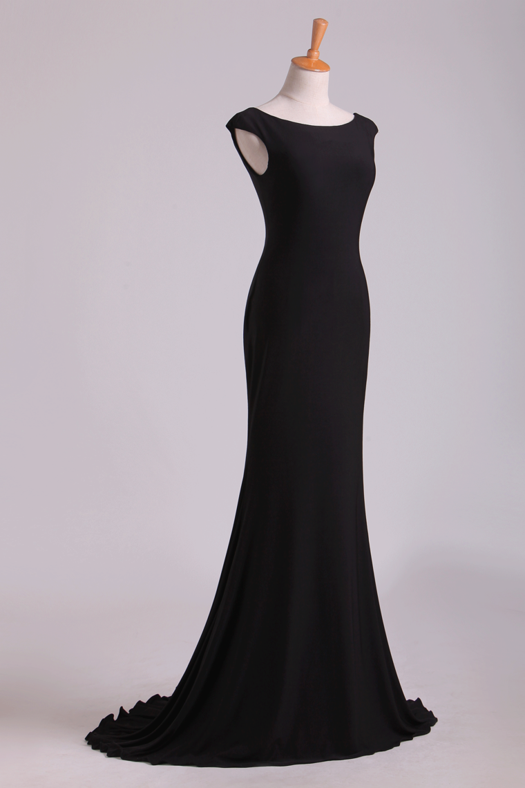 2024 Black Mermaid Evening Dresses Bateau Chiffon Sweep Train Open Back