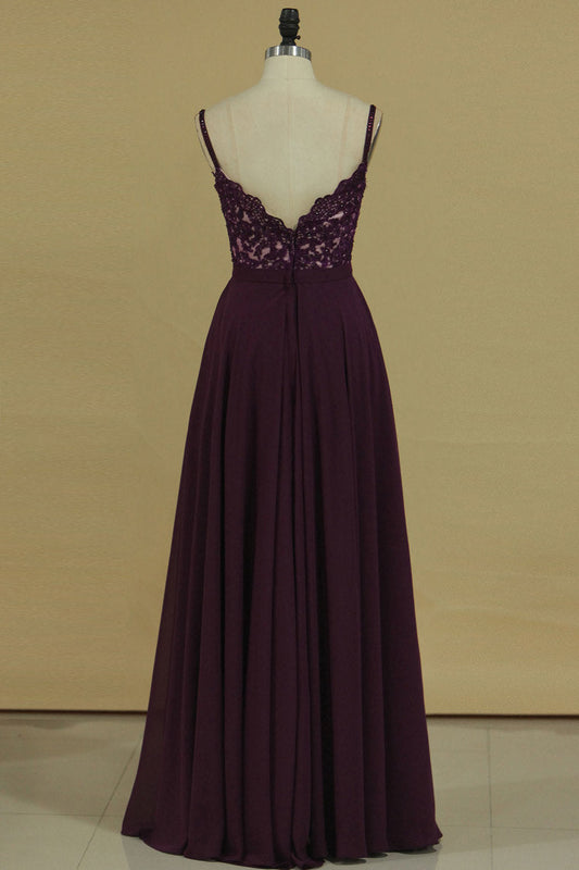 2024 Spaghetti Straps With Applique A Line Chiffon Floor Length Prom Dresses