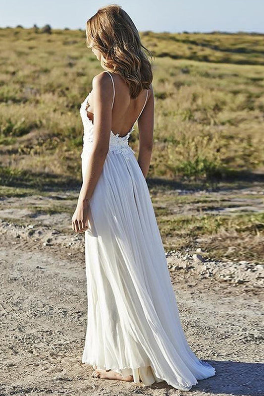 Romantic Spaghetti Straps Backless Lace Appliques Floor Length Beach Wedding Dresses