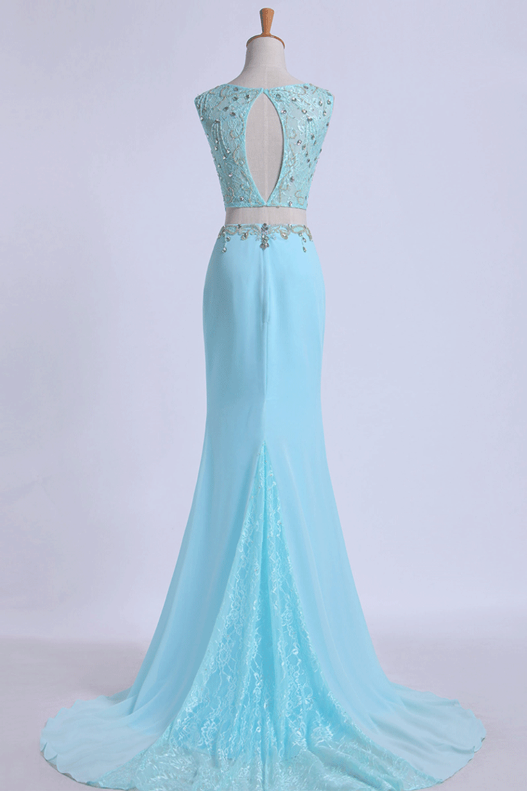 2024 Two Pieces Prom Dresses Scoop Sheath With Beading Sweep Train