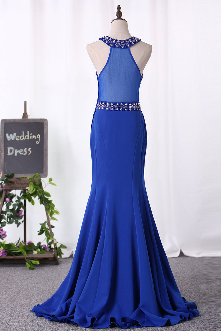 2024 Satin Scoop Mermaid Prom Dresses With Beading Sweep Train