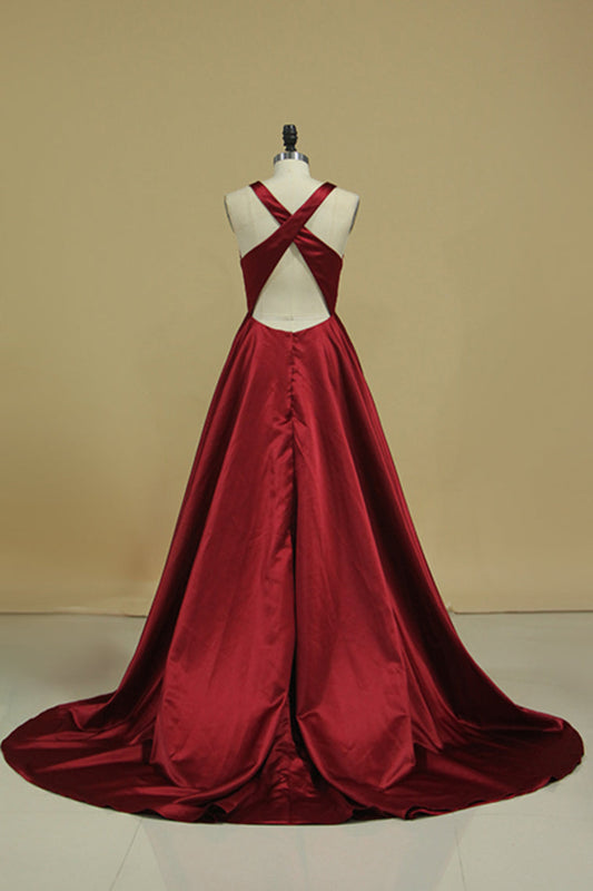 2024 Red V Neck Evening Dresses A Line Sweep Train  With Slit And Ruffles