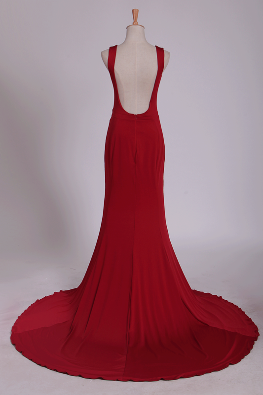 2024 Sexy Open Back Evening Dresses Mermaid V Neck  Spandex Sweep Train