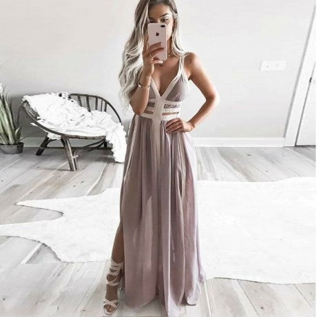 Elegant Straps V Neck Sleeveless Prom Dresses with Split Side