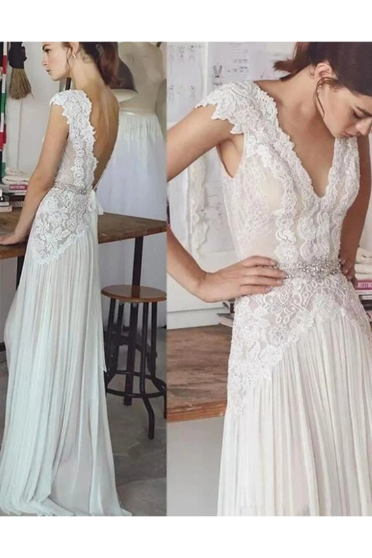 Unique V Neck Cap Sleeves Chiffon Beach Wedding Dress With Beading Waistline