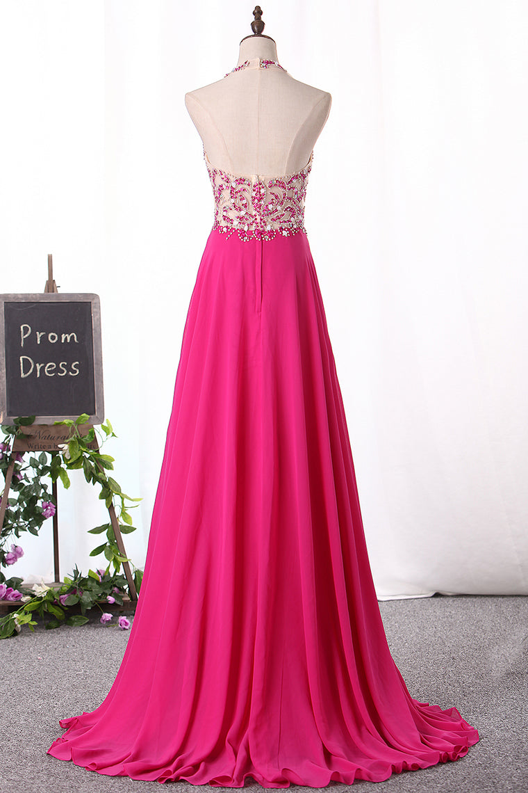 2024 Halter Prom Dresses A Line Chiffon Beaded Bodice Sweep/Brush Train