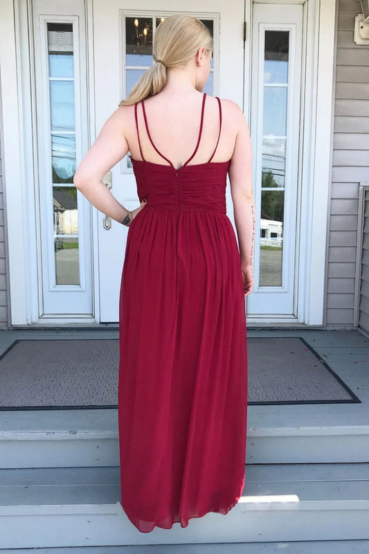 A-line Jewel Burgundy Bridesmaid Dresses, Chiffon Long Prom Dresses