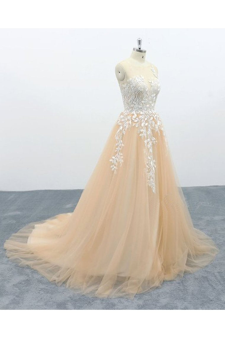 A Line Tulle Lace Appliques Sweep Train Evening Dress Senior Prom Dress