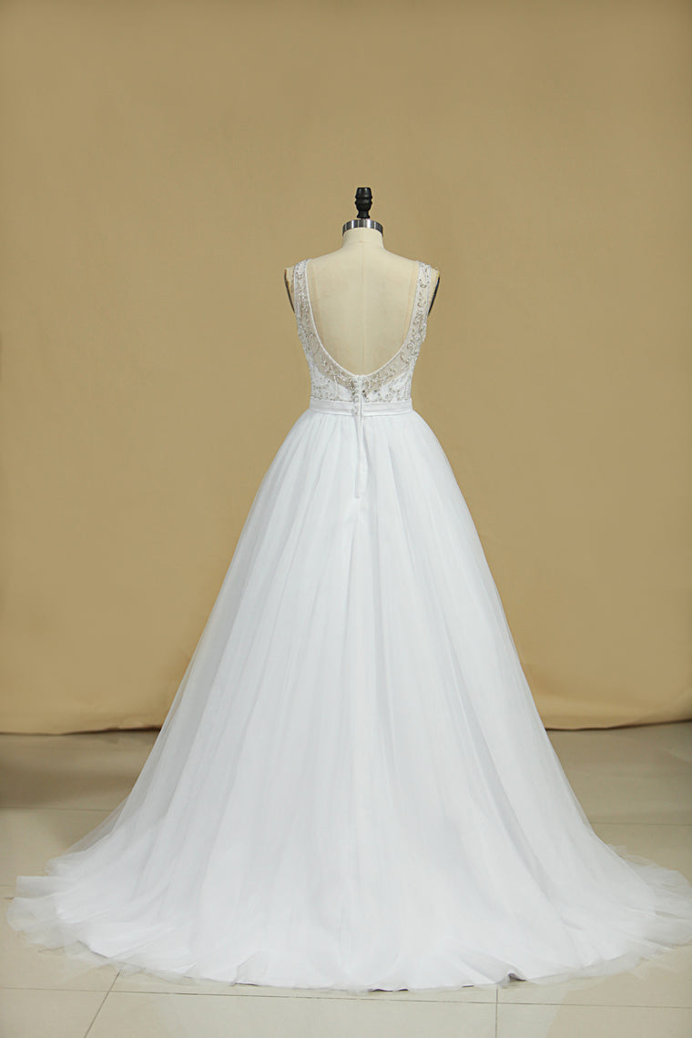 2024 A Line Bateau Open Back Beaded Bodice Tulle Court Train Wedding Dresses