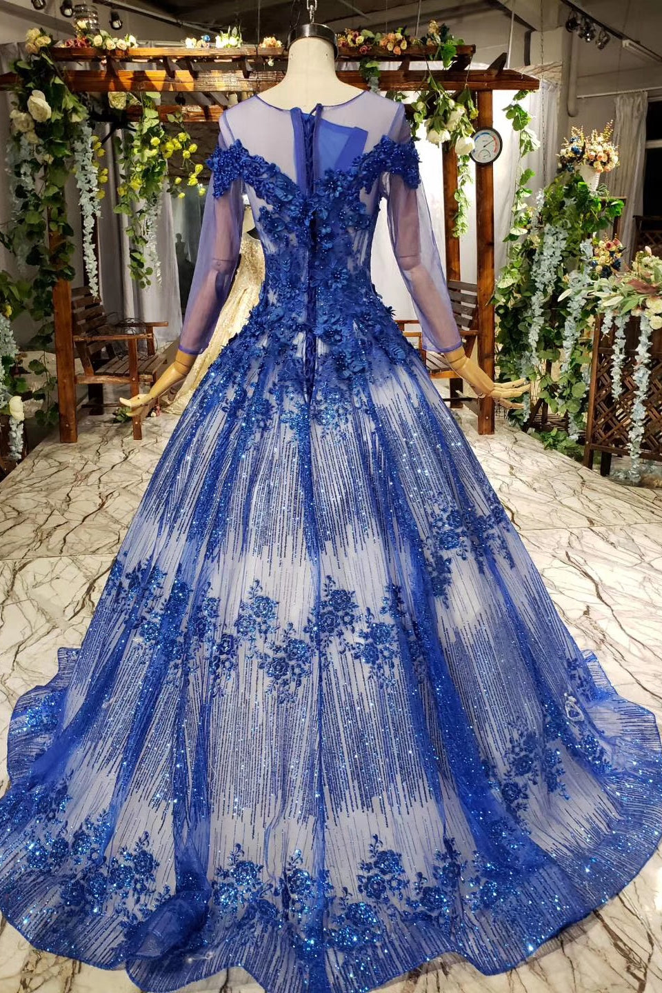 Sheer Scoop Neck Long Sleeve Ball Gown Prom Dresses With Beaded Applique