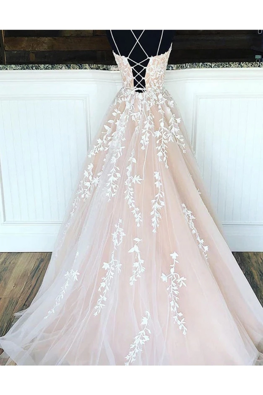 Spaghetti Straps Floor Length Prom Dress With Appliques, Long Evening Dress Lace Up Back