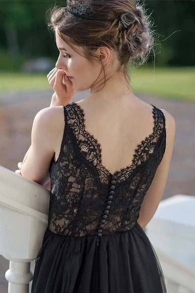 A-line V-neck Lace Tulle Long Black Wedding Dresses