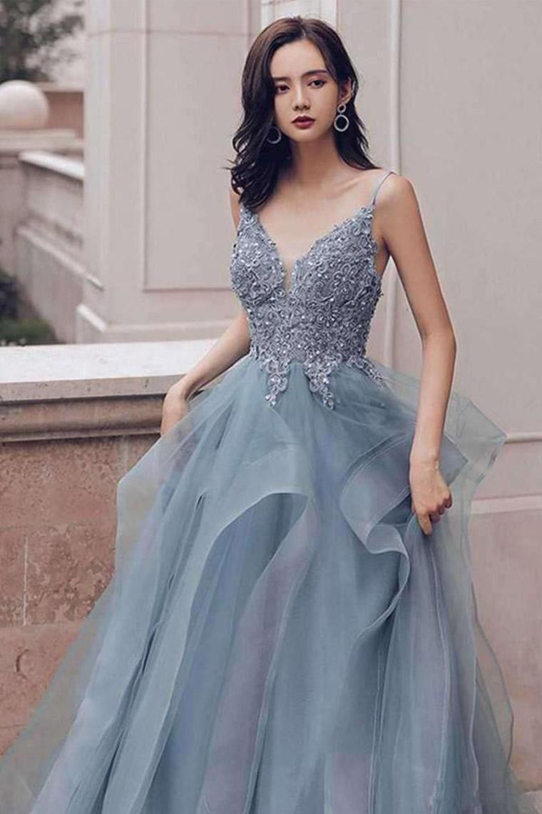 Deep V Neck Appliques Bridal Dresses Multi-Layered Organza Prom Dresses