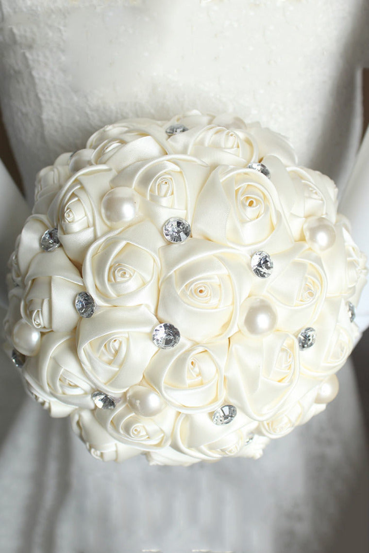 Satin Rose Flower Wedding Bouquet Round Shape With Rhinestone (28.5*15cm)