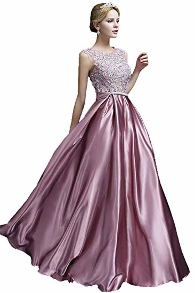 Elegant A-Line Applique Round Neck Lace Satin Ball Gown Evening Prom Dress