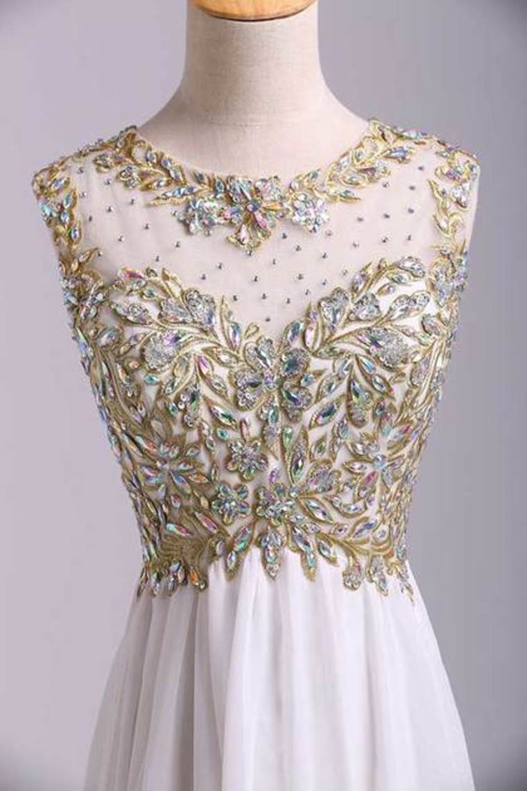 2024 Scoop Neckline Off The Shoulder Prom Dresses White Floor Length Chiffon With Gold Embroidery