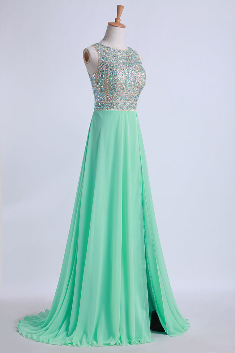 2024 Tow-Tone Bateau Open Back Prom Dresses A-Line Beaded Bodice With Slit Chiffon