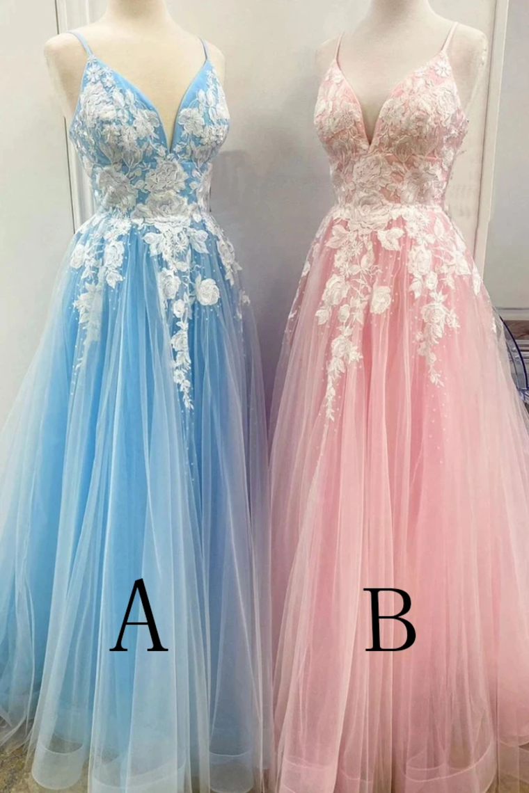 New Spaghetti Strap Floor Length A Line Tulle Prom Dress With Appliques, Formal Dress