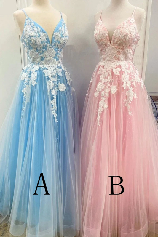 New Spaghetti Strap Floor Length A Line Tulle Prom Dress With Appliques, Formal Dress