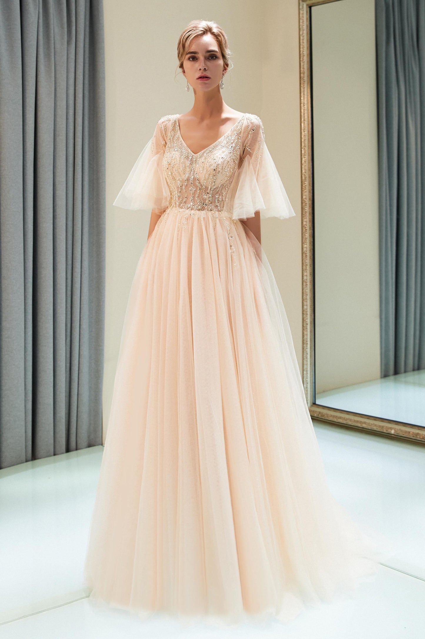 Elegant Chiffon Champagne A Line Floor Length Prom Dresses