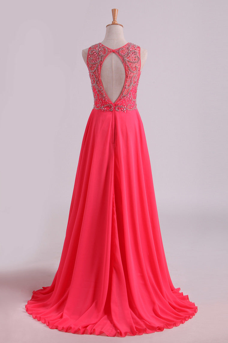 2024 Water Melon Prom Dresses Scoop A Line Beaded Bodice Open Back Chiffon & Tulle Floor-Length